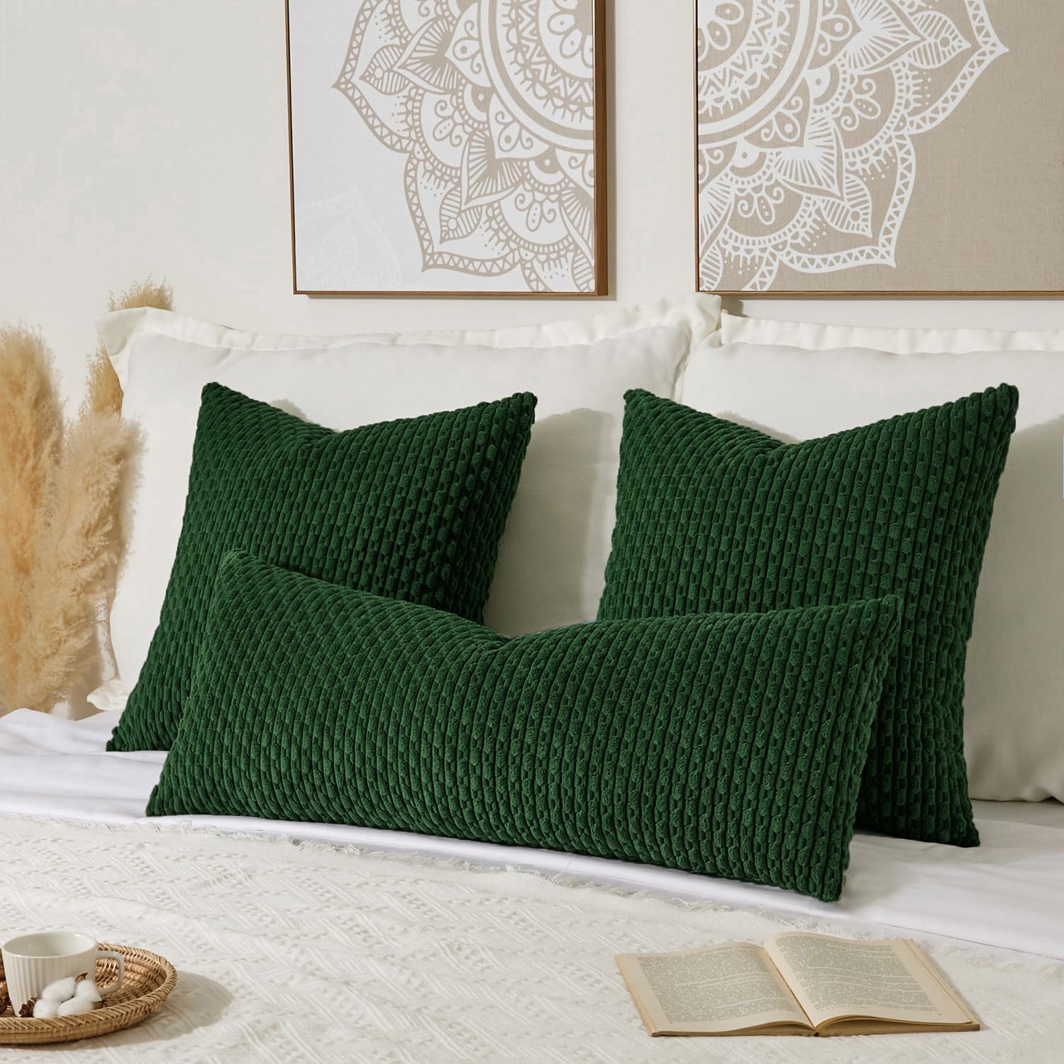 Kevin Textile 14x36 Inch Long Lumbar 1 Pack Boho Christmas Decorative Throw Pillow Cover Soft Striped Corduroy Rectangle Cushion Case Farmhouse Color Accent for Living Room Couch Sofa Bed, Dark Green