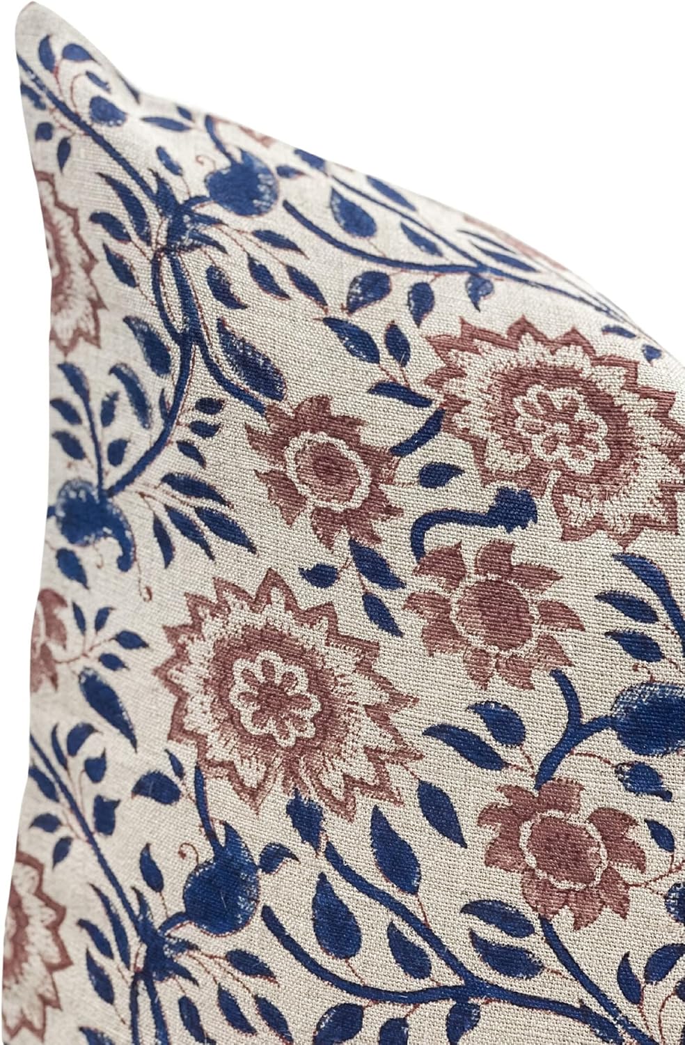 Designer Floral Print on Natural Linen Pillow Cover | Indigo Blue and Rust Brown Pillow | Boho Pillow | Decorative Throw Pillow Covers (Rust/Indigo, 24x24)