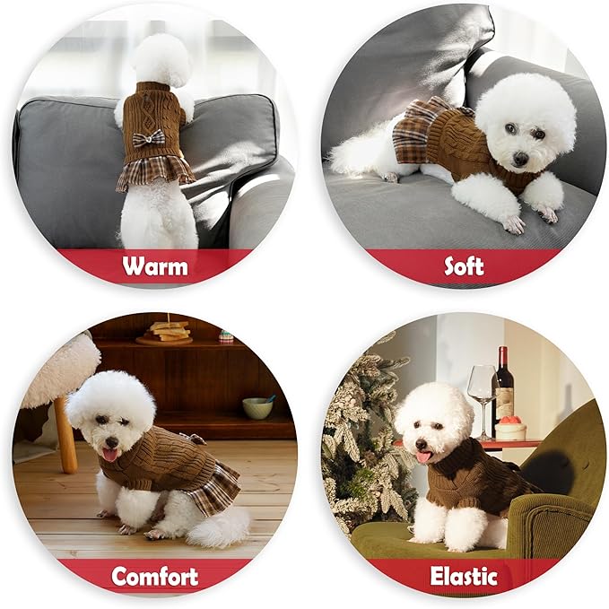 WOYYHO Girl Dog Sweater Dress with Bowtie Turtleneck Small Dogs Sweater with Leash Hole, Knitted Small Dog Sweaters Dress Puppy Winter Clothes for Yorkies Chihuahua (Medium, Brown)