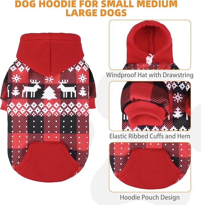 KOOLTAIL Christmas Dog Hoodie,Red Plaid Pet Clothes Sweater with Leash Hole&Pocket for Small Medium Large Dogs, Soft Winter Warm Dog Cold Weather Coat, Fleece Puppy Hooded Sweatshirt for Boys Girls,XL