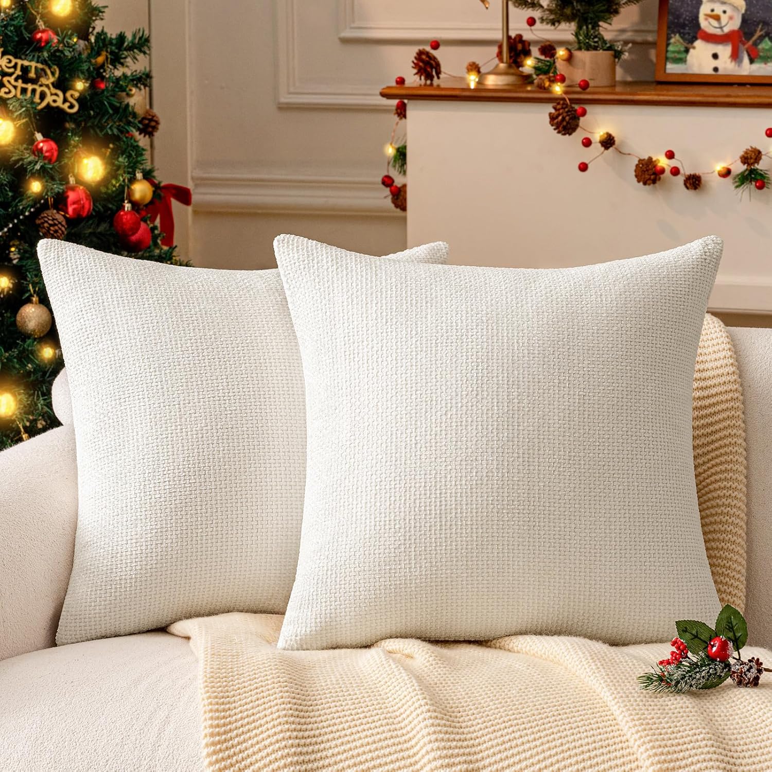 a moment Ivory Chenille Throw Pillow Covers 20x20 Inch Pack of 2 Modern Decorative Throw Pillow Covers Farmhouse Cross Covers Home Decor for Sofa Bedroom Living Room