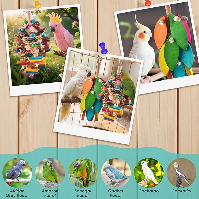 2 Pcs Large Bird Toys, Natural Corn Cob Parrot Chew Toy, Multicolored Leaf-Shaped Chewing Wood Blocks for Large and Medium-Sized Macaws, Cockatoos, Amazon Parrots, African Grey