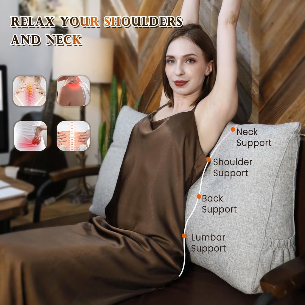 Headboard Pillow King Size, Triangular Wedge Backrest with Removable Head Roll & Side Pocket, 100% Linen Reading Pillow for Bed, Couch, Floor - Ergonomic Support for Neck, Back,Grey