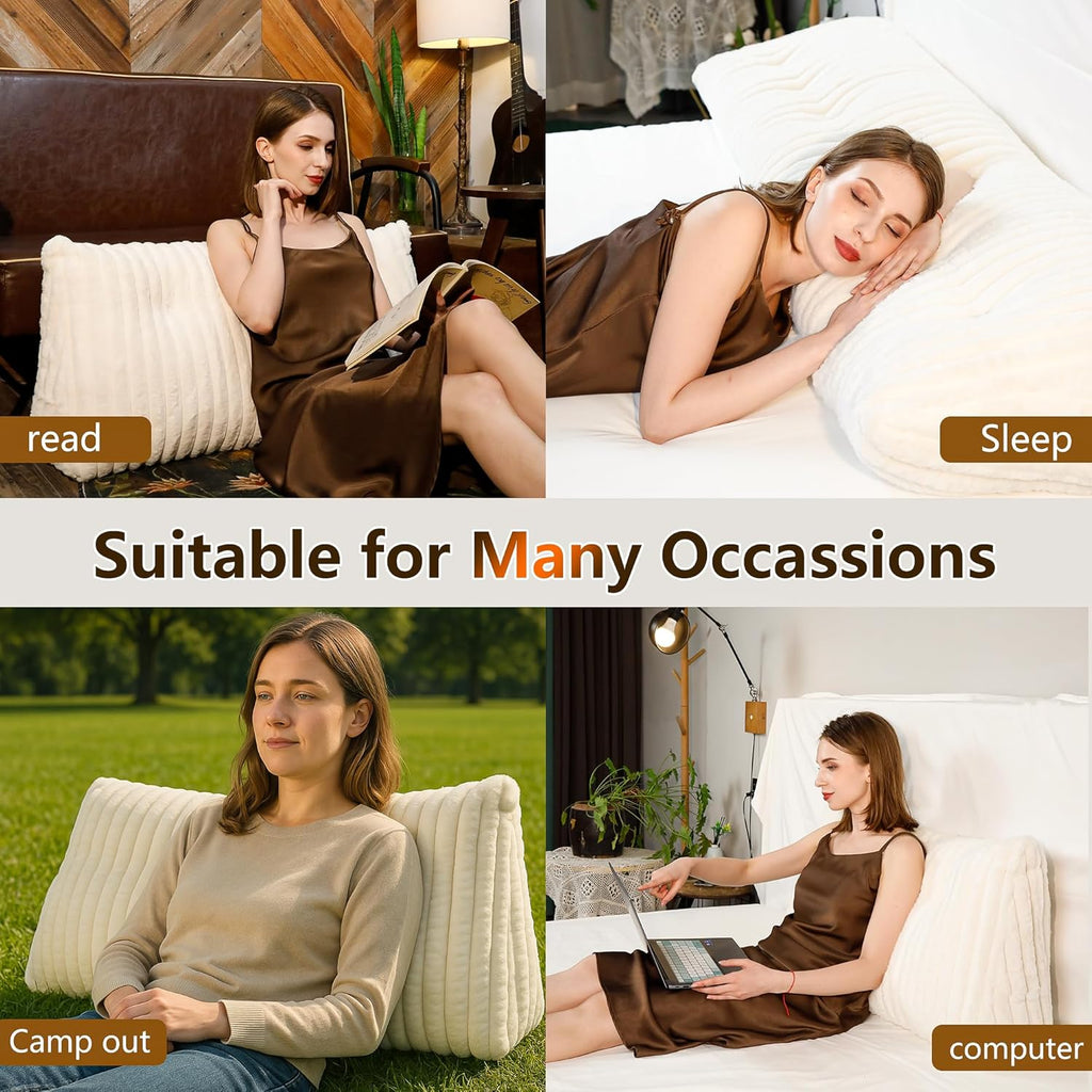 Faux Fur Headboard Pillow Twin Size, Triangular Wedge Backrest with Removable Head Roll & Side Pocket, 100% Linen Reading Pillow for Bed, Couch, Floor - Ergonomic Support for Neck, Back, Ivory