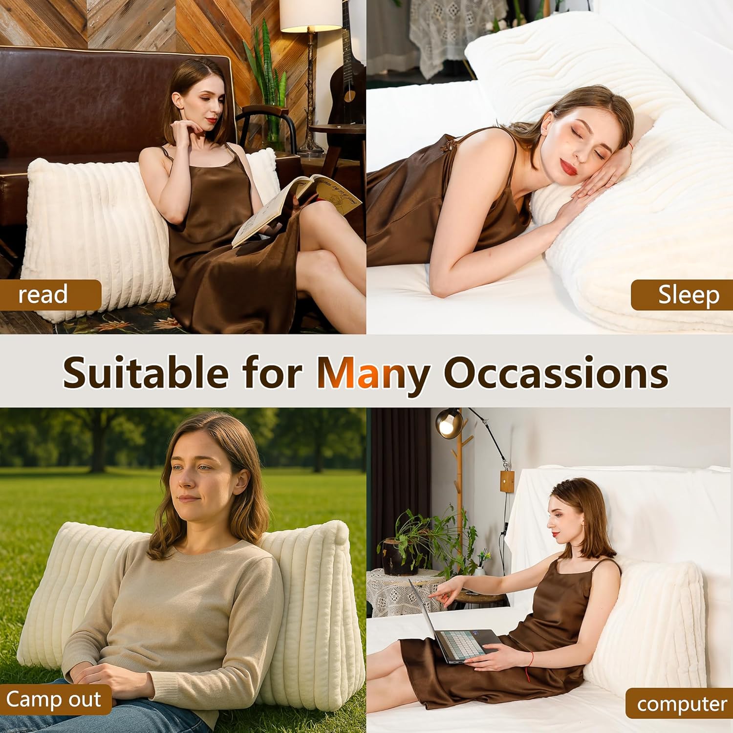 Faux Fur Headboard Pillow Twin Size, Triangular Wedge Backrest with Removable Head Roll & Side Pocket, 100% Linen Reading Pillow for Bed, Couch, Floor - Ergonomic Support for Neck, Back, Ivory