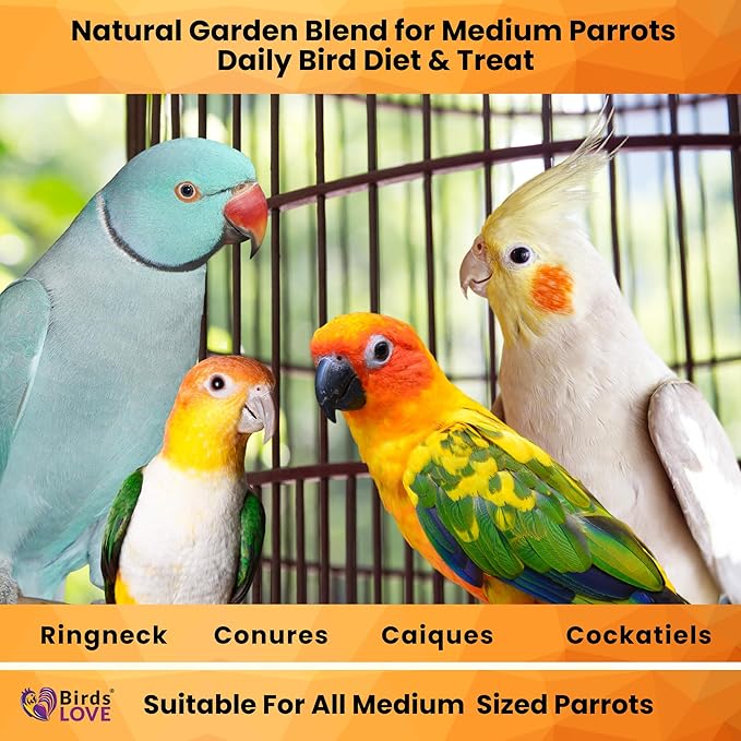 Birds LOVE All Natural Garden Blend Bird Food for Medium Birds - Cockatiels, Green Cheek Conures, Ringneck Parakeets and Small Quakers 2lb
