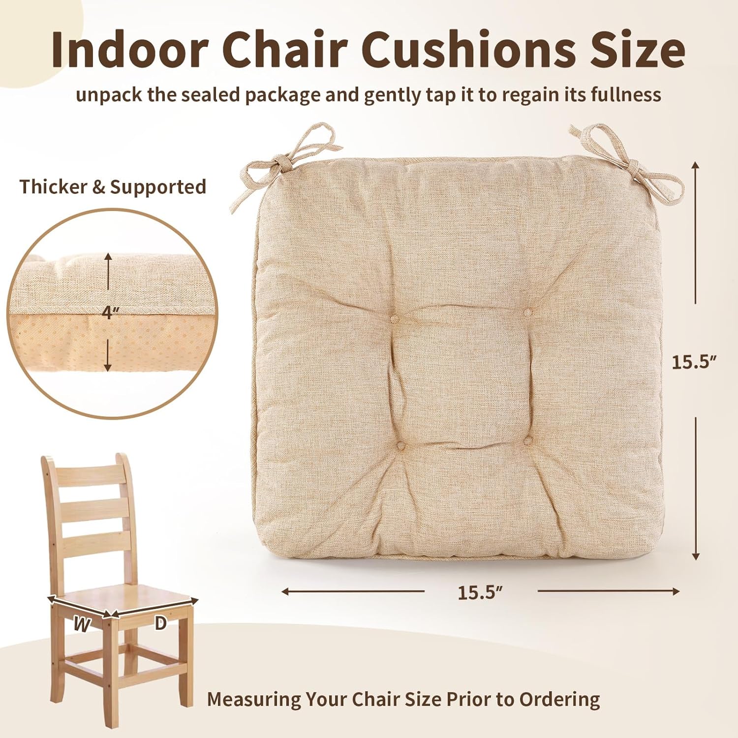 Chair Cushions for Dining Chairs, Tufted Foam Kitchen Chair, Non-Slip Seat Cushions with Ties Set of 4, 15.5" x 15.5" x 4", Beige