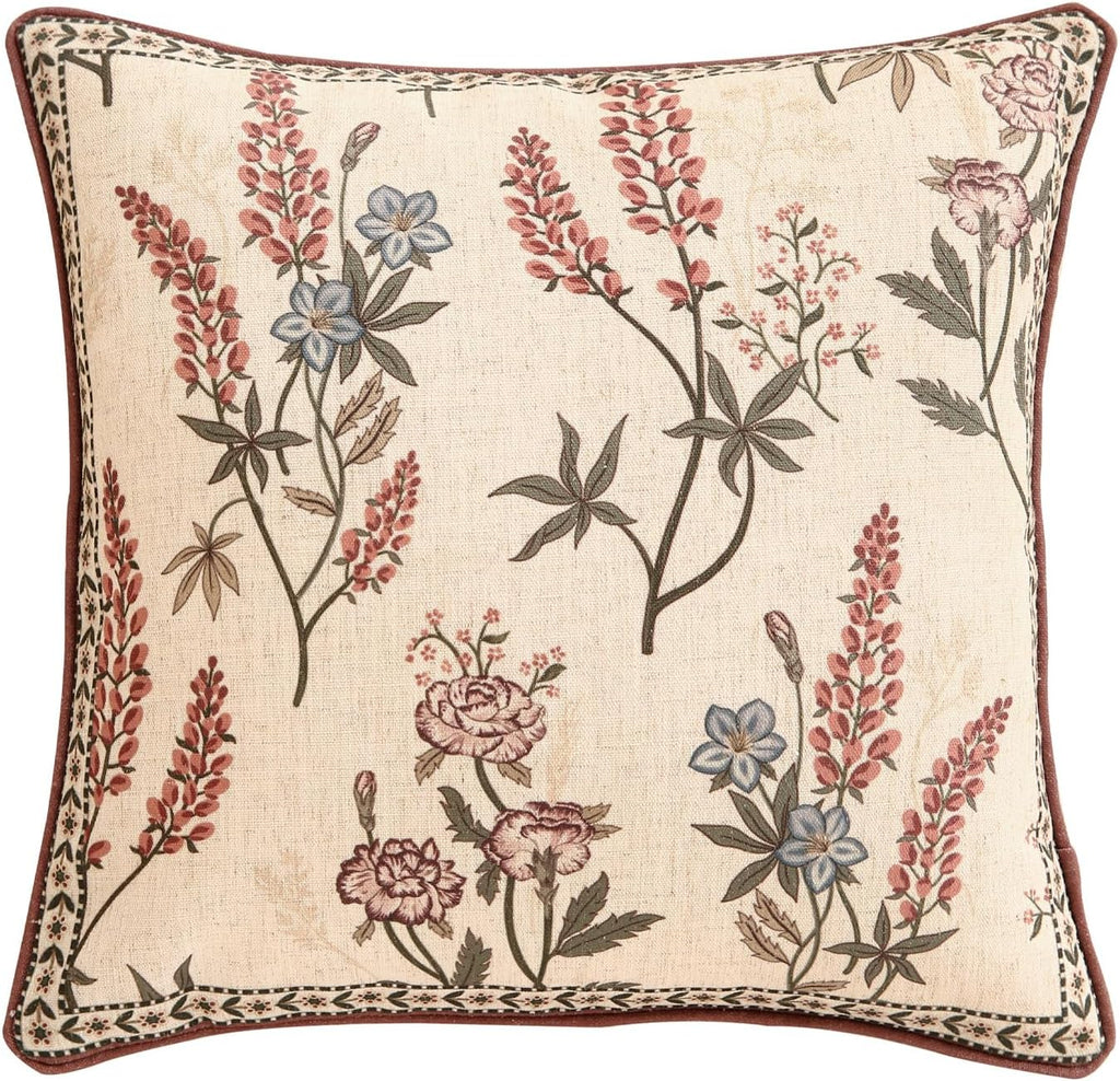 ISAENNE Design Linen Vintage Throw Pillow Covers 18"x18", Square Cushion Covers with Blue Pink Flowers Green Leaves Pattern Decoration Pillowcases for Bed,Living Room,Outdoor,Car