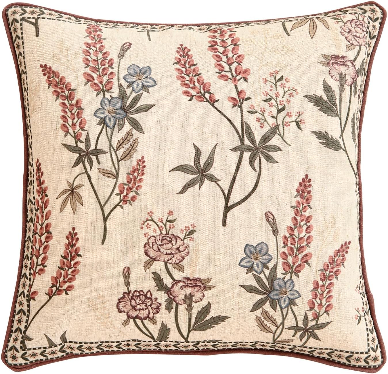 ISAENNE Design Linen Vintage Throw Pillow Covers 18"x18", Square Cushion Covers with Blue Pink Flowers Green Leaves Pattern Decoration Pillowcases for Bed,Living Room,Outdoor,Car