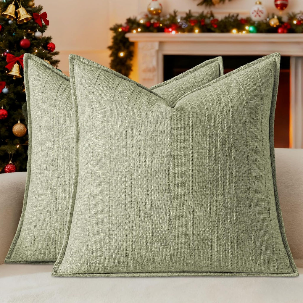 a moment Linen Pillow Covers Set of 2,Boho Farmhouse Throw Pillowcases Neutral Textured Decorative Covers for Couch Sofa,Soft Linen Blend Accent Case Cushion Home Decor 20"x20"Seeding Green