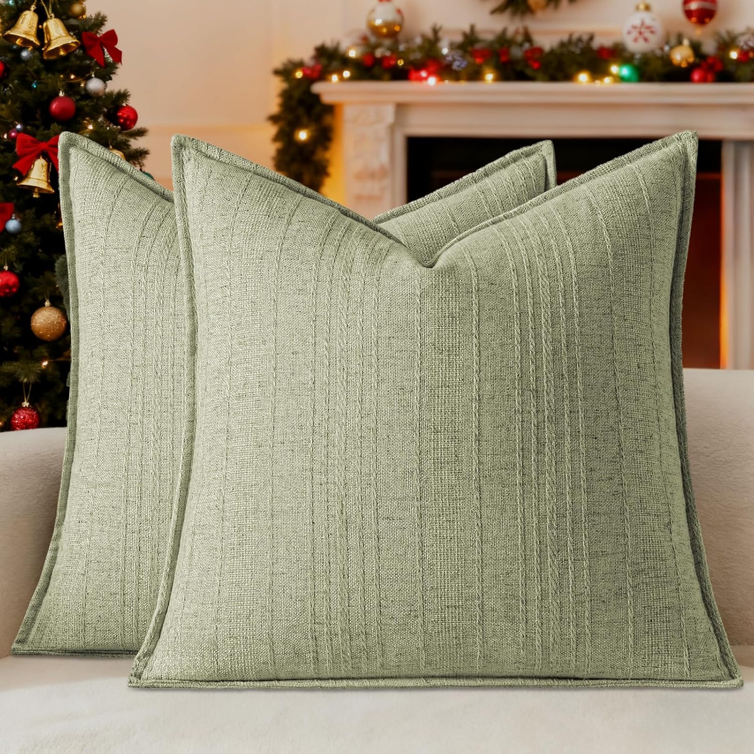 a moment Linen Pillow Covers Set of 2,Boho Farmhouse Throw Pillowcases Neutral Textured Decorative Covers for Couch Sofa,Soft Linen Blend Accent Case Cushion Home Decor 20"x20"Seeding Green
