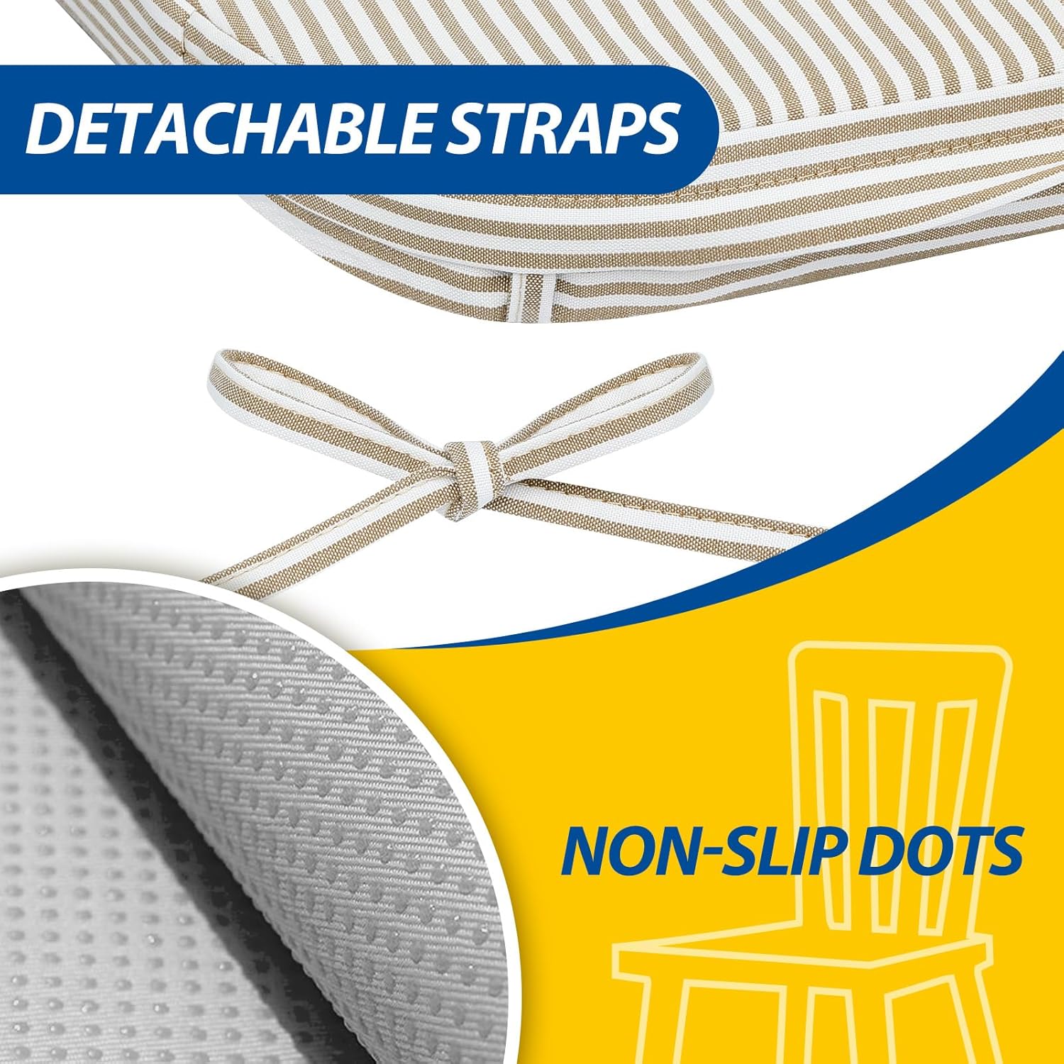 AAAAAcessories D-Shaped Chair Cushions, 2" Thick Dining Chair Pads with Ties and Removable, Machine-Washable Cover, 17" x 16", Set of 8, Natural Sand Pinstripe