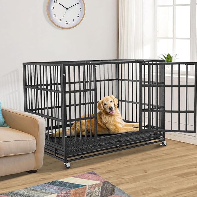 54/48/42/38 inch Heavy Duty Indestructible and Escape-Proof Dog Crate Cage Kennel for Large Dogs, High Anxiety Dog Crate with Removable Wire Trays and Wheels, Extra Large XL XXL, Black