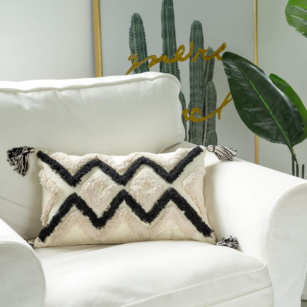 Woven Tufted Boho Lumbar Throw Pillow Cover, Modern Decorative Geometric Chevron Cushion with Tassels, Farmhouse Tribal Pillowcase for Couch Sofa Bedroom Living Room, 12 x 20 Inches, Black, Ivory