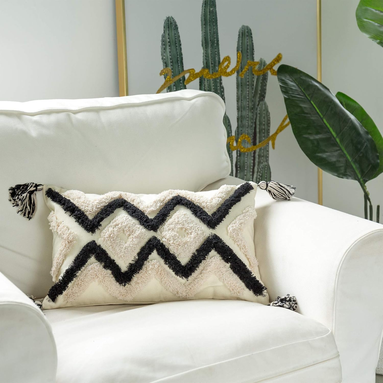 Woven Tufted Boho Lumbar Throw Pillow Cover, Modern Decorative Geometric Chevron Cushion with Tassels, Farmhouse Tribal Pillowcase for Couch Sofa Bedroom Living Room, 12 x 20 Inches, Black, Ivory