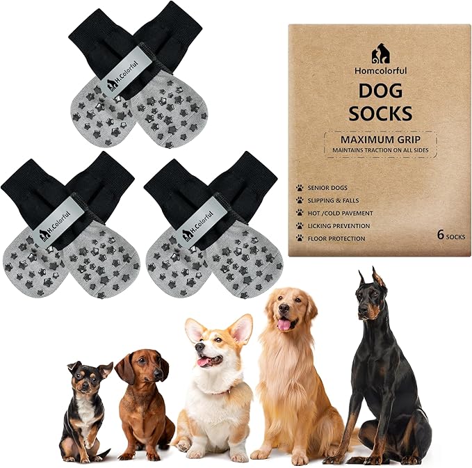 Anti-Slip Dog Socks for Hardwood Floors, Non-Slip Socks with Reflective Strips to Provide Paw Protection, Reflective Grip Socks for Senior Dogs, Prevent Licking & Scratches, 6 PCS Set - M