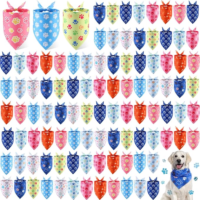 100 Pieces Paw Print Dog Bandanas Bulk Paw Bandanas for Dogs Soft Bibs Adjustable Triangle Doggie Scarves for Small Medium Large Pets Party Costume