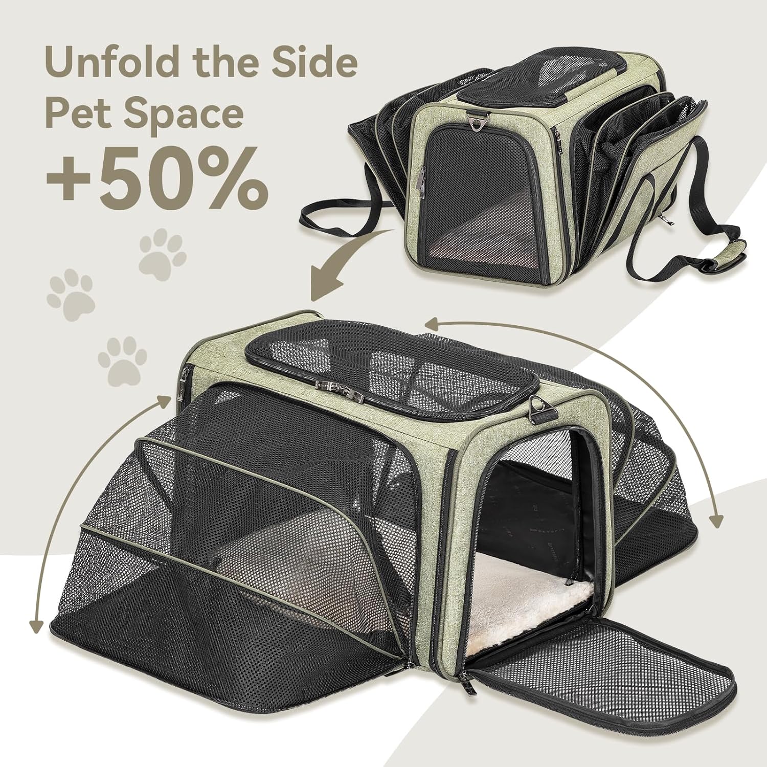 Petsfit Expandable Cat Dog Carrier Airline Approved, 17" L x 11" W x 11" H Soft-Sided Portable Pet Travel Carrier for Kitten, Puppy, Removable Soft Plush Mat and Pockets, Auto-Locking Zippers