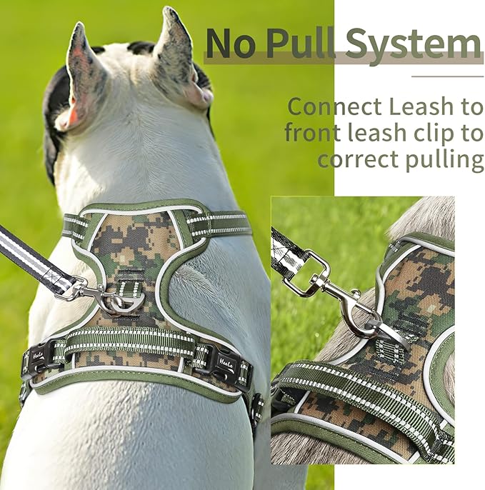 HEELE Dog Harness, No Pull Adjustable Padded Reflective Harness for Small Medium Large Dogs with Handle for Walking Training, Camo Green, S