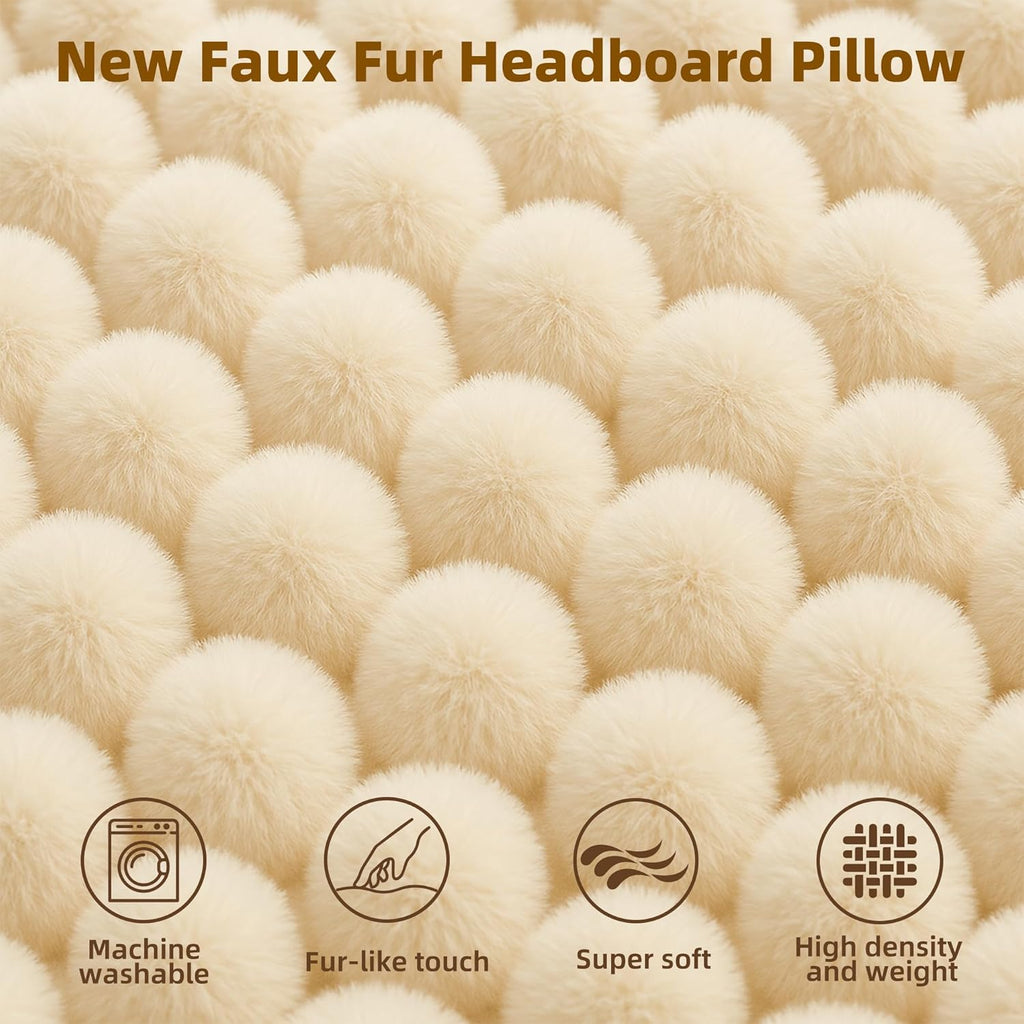 Faux Fur Headboard Pillow Twin Size, Triangular Wedge Backrest with Removable Head Roll & Side Pocket, 100% Linen Reading Pillow for Bed, Couch, Floor - Ergonomic Support for Neck, Back, Ivory