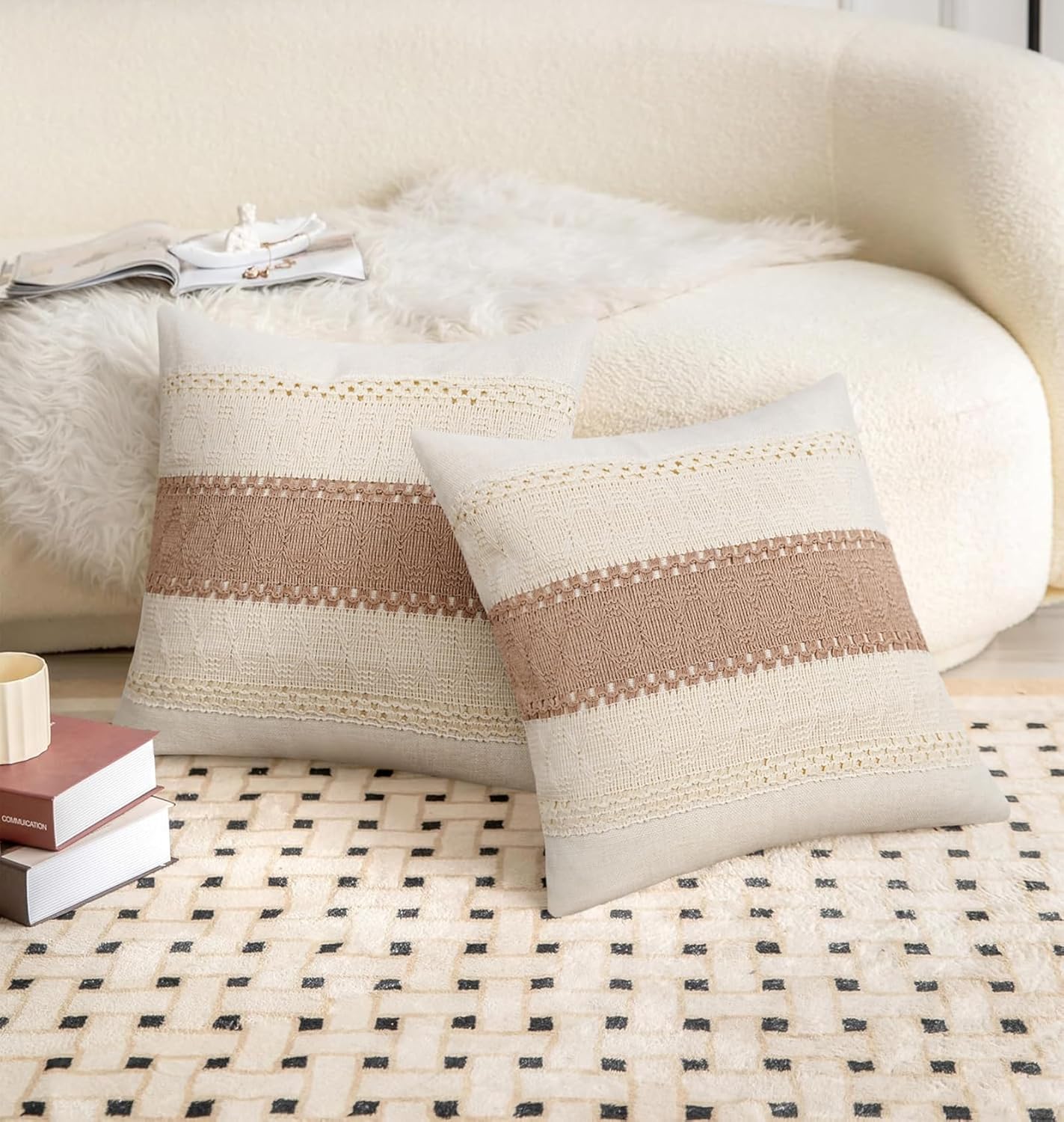 Pyonic Pack of 2 Boho Throw Pillow Covers 18x18 Inch Farmhouse Decorative Throw Pillows for Bed Sofa Living Room,Gray Modern Cushion Cover Couch Pillows Cover Home Decor