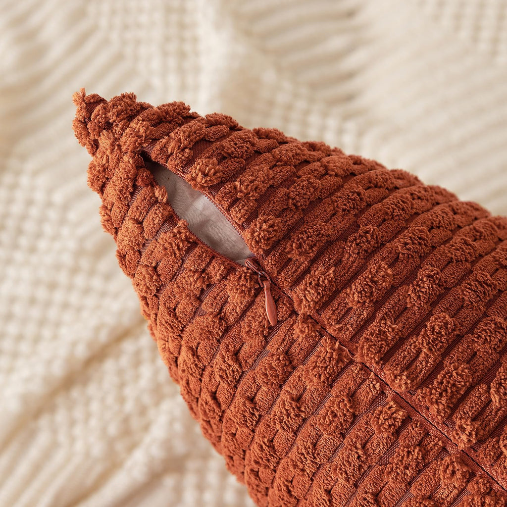 Kevin Textile Fall 12x24 Inch Pillow Cover 1 Pack Boho Decorative Soft Striped Corduroy Lumbar Farmhouse Solid Color Accent Rectangle Cushion Case for Living Room Couch Sofa Bed, Rust