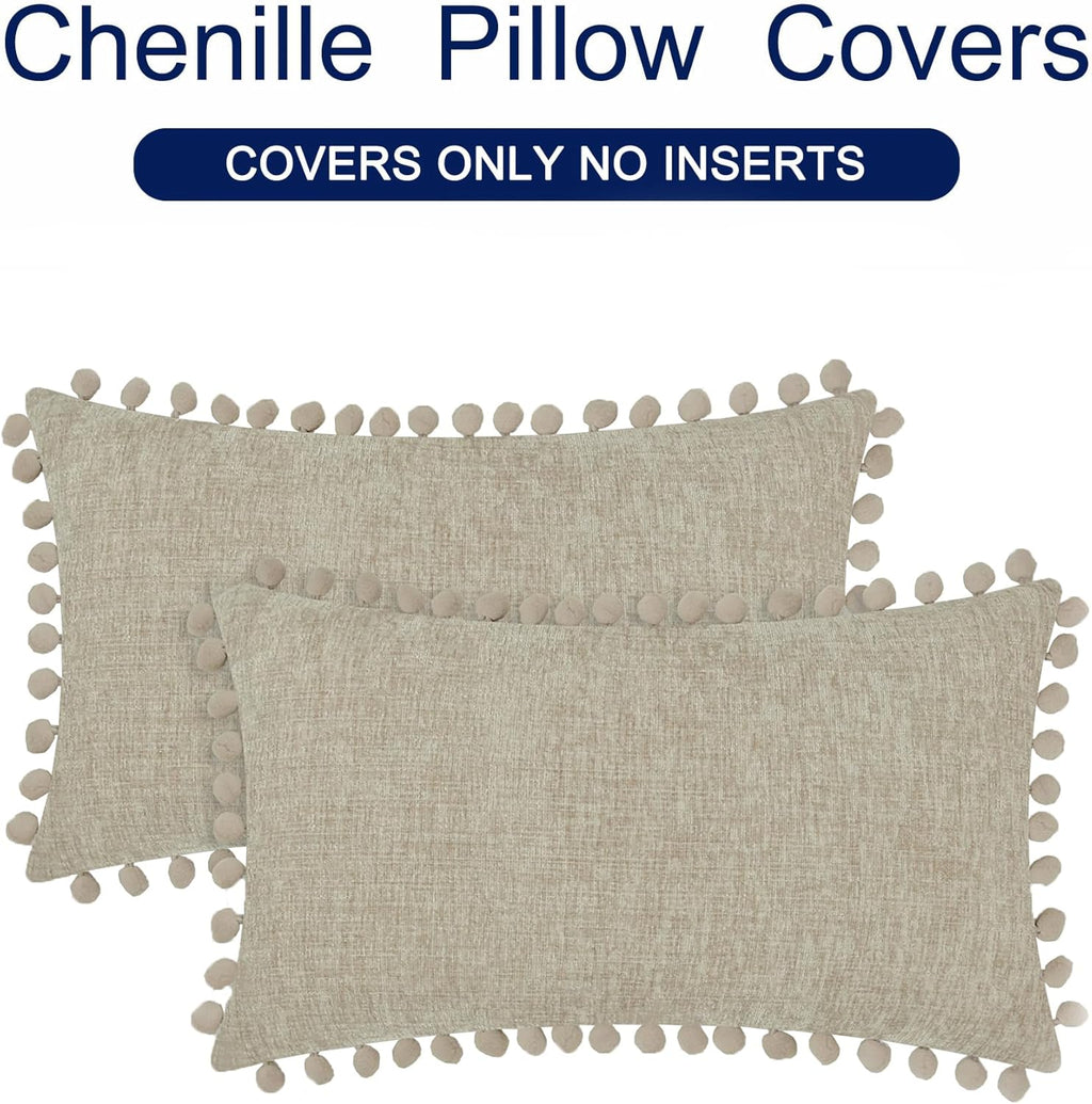 CaliTime Throw Pillow Covers Decorative 20 X 12 Inches Pack of 2 Cozy Solid Dyed Soft Chenille Cushion Cases with Pom Poms for Couch Sofa Bed Living Room Home Taupe