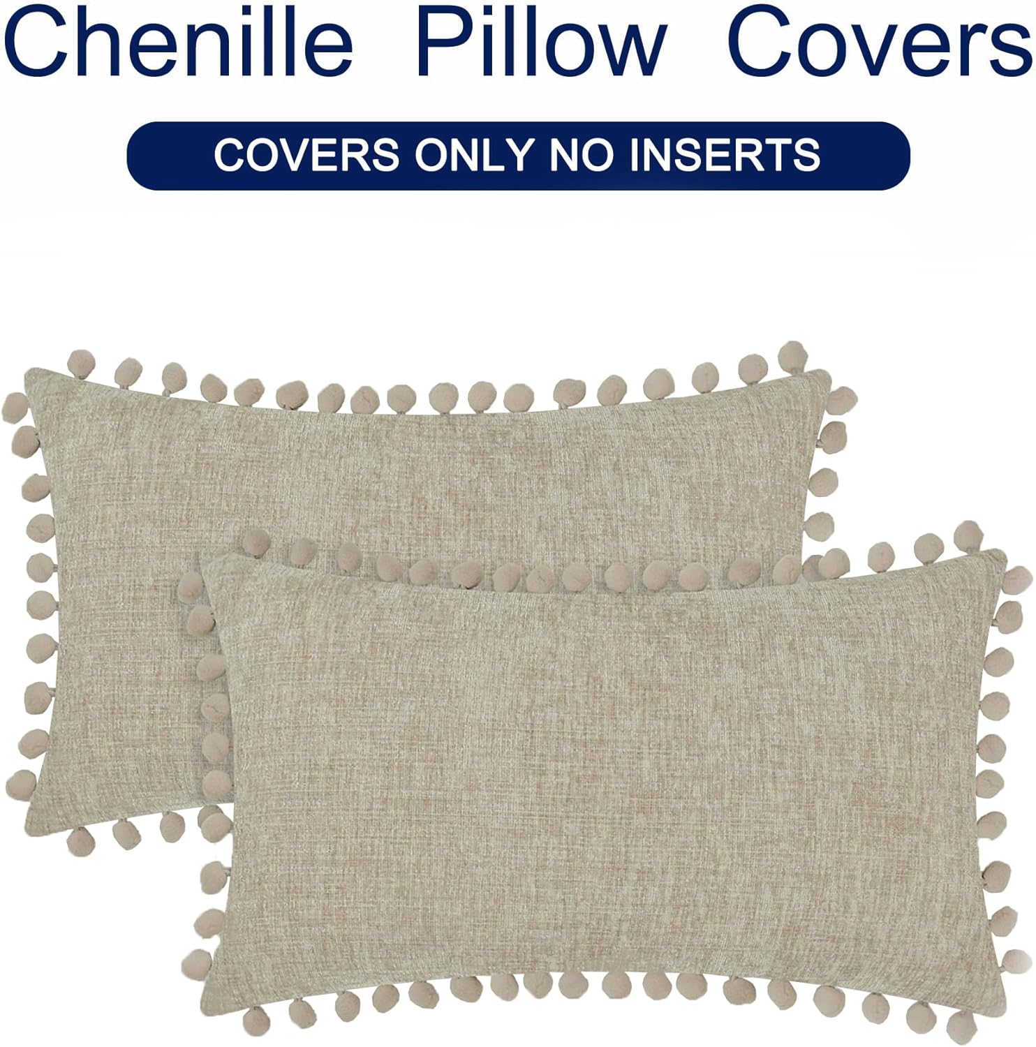 CaliTime Throw Pillow Covers Decorative 20 X 12 Inches Pack of 2 Cozy Solid Dyed Soft Chenille Cushion Cases with Pom Poms for Couch Sofa Bed Living Room Home Taupe