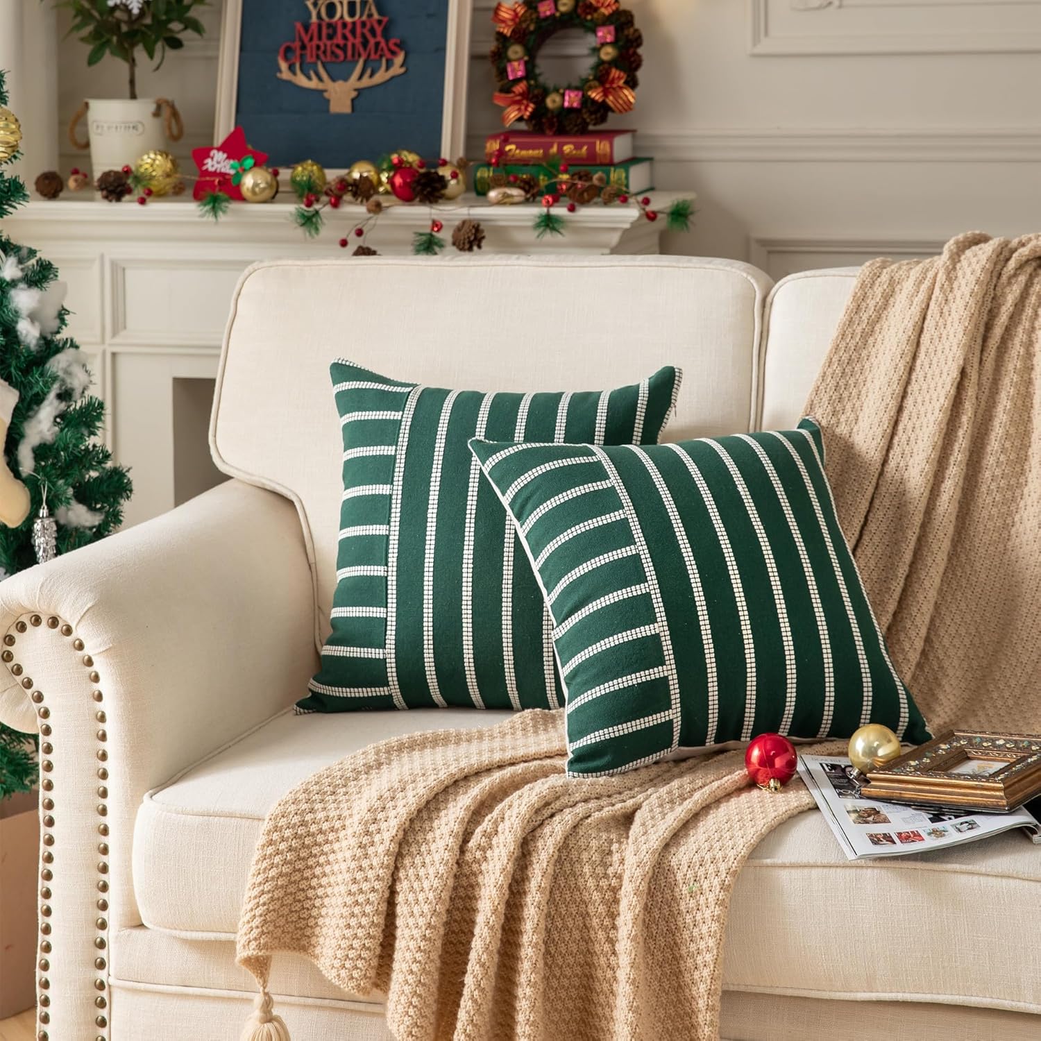 Caflife Boho Throw Pillow Covers 18x18 Set of 2 Soft Farmhouse Decorative Couch Pillow Cases Dark Green Striped Pillow Covers Neutral Cushion Covers for Sofa Bed Living Room Home Decor