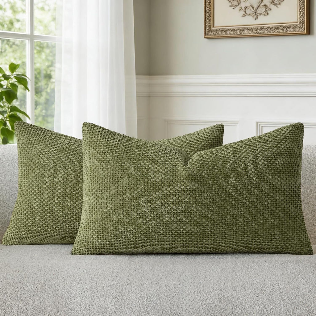 a moment Olive Green Chenille Throw Pillow Covers 12x20 Inch Pack of 2 Modern Decorative Throw Pillow Covers Farmhouse Cross Covers Home Decor for Sofa Bedroom Living Room