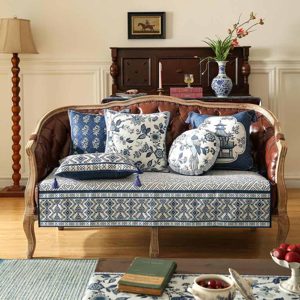 Chinoiserie Throw Pillow Covers,Classic Chinoiserie Blue and White with Striped Pattern Linen Pillowcases,Decorative Lumbar Cushion Covers for Couch Bed Car,12x20 Inches