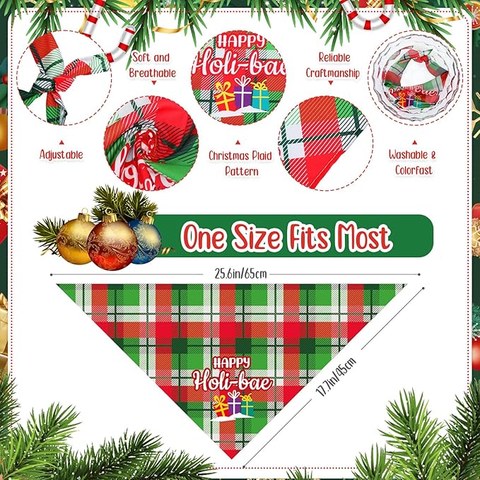 Abbylike 50 Pcs Dog Bandanas Bulk Pet Scarfs Triangle Bibs Adjustable Washable Puppy Kerchief Seasonal Pet Costume Accessories Grooming Supplies for Small Medium Large Dogs Cats(Christmas Plaid Dog)
