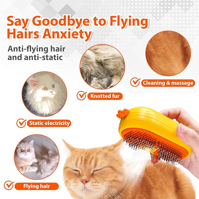 Cat Steam Brush with Release Button, 3 in 1 Rechargeable Pet Spray Water Comb for Long & Short Hair Removal, Self Cleaning Slicker Vapor Brush for Indoor Cats Dogs Rabbits Shedding Grooming