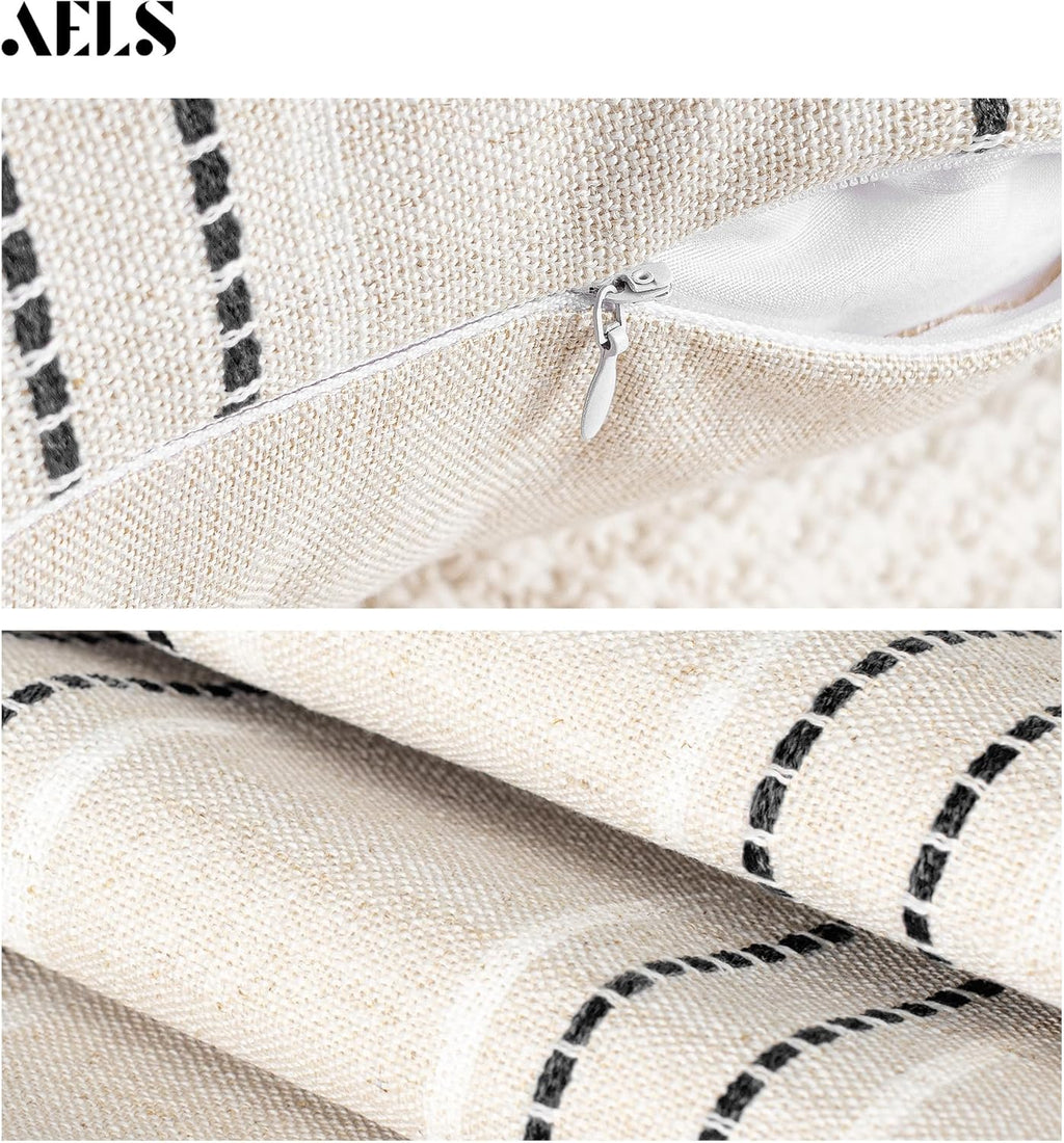 AELS 16x16 Decorative Farmhouse Linen Throw Pillow Covers, Boho Textured Pillow Case, Set of 2, Beige with White & Black Stripe Patchwork Cushion Cover for Sofa Couch Living Room (Cover ONLY)