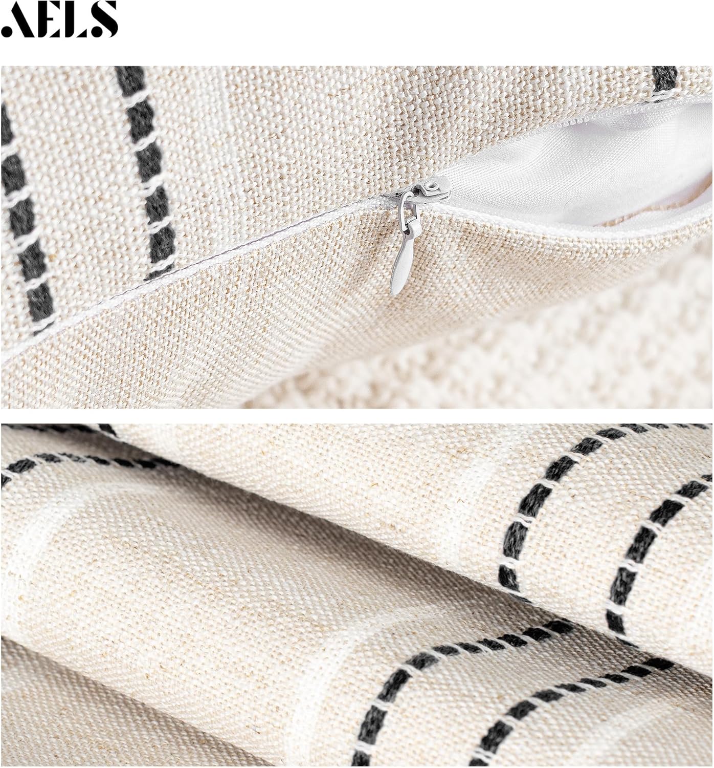 AELS 16x16 Decorative Farmhouse Linen Throw Pillow Covers, Boho Textured Pillow Case, Set of 2, Beige with White & Black Stripe Patchwork Cushion Cover for Sofa Couch Living Room (Cover ONLY)