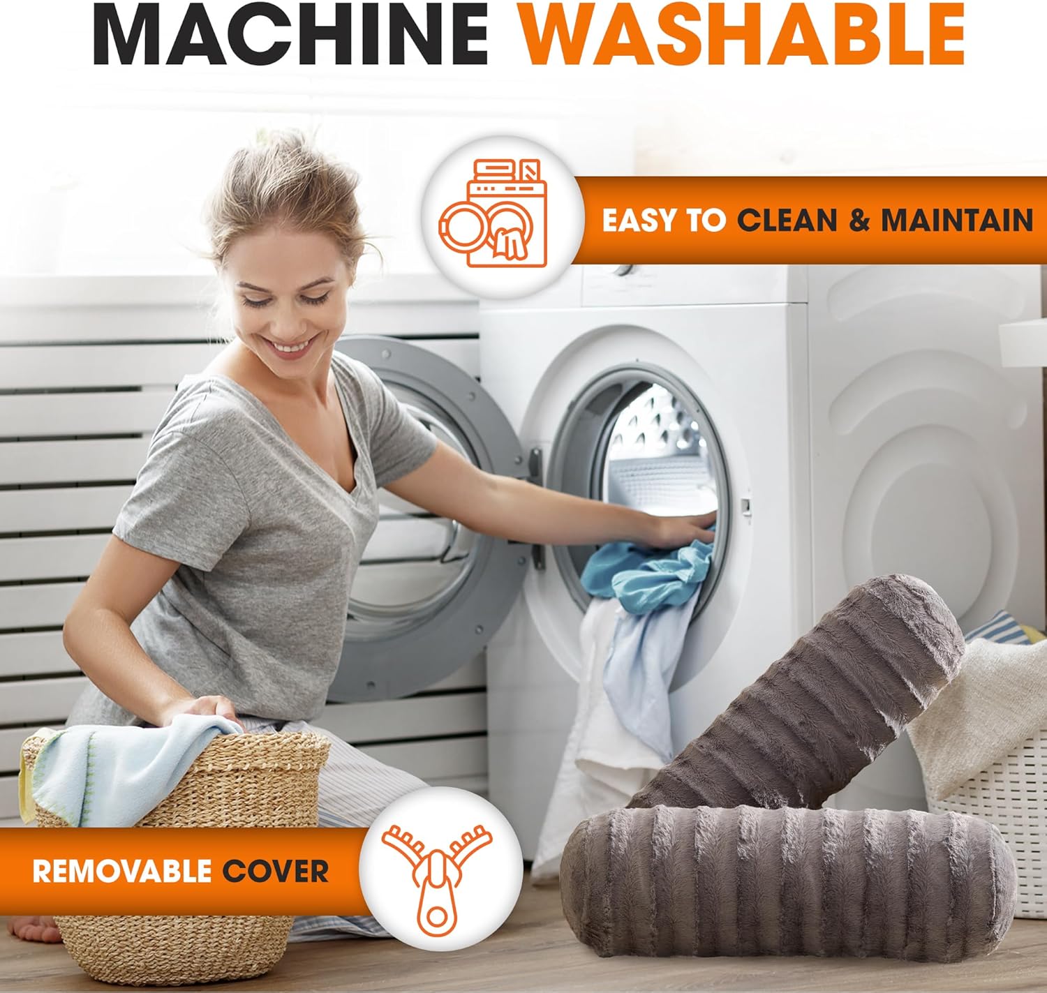 Cheer Collection Faux Fur Bolster Pillows – Soft Decorative Cylinder Pillows for Bed or Couch, Machine Washable – 8” x 24”, Set of 2, Gray