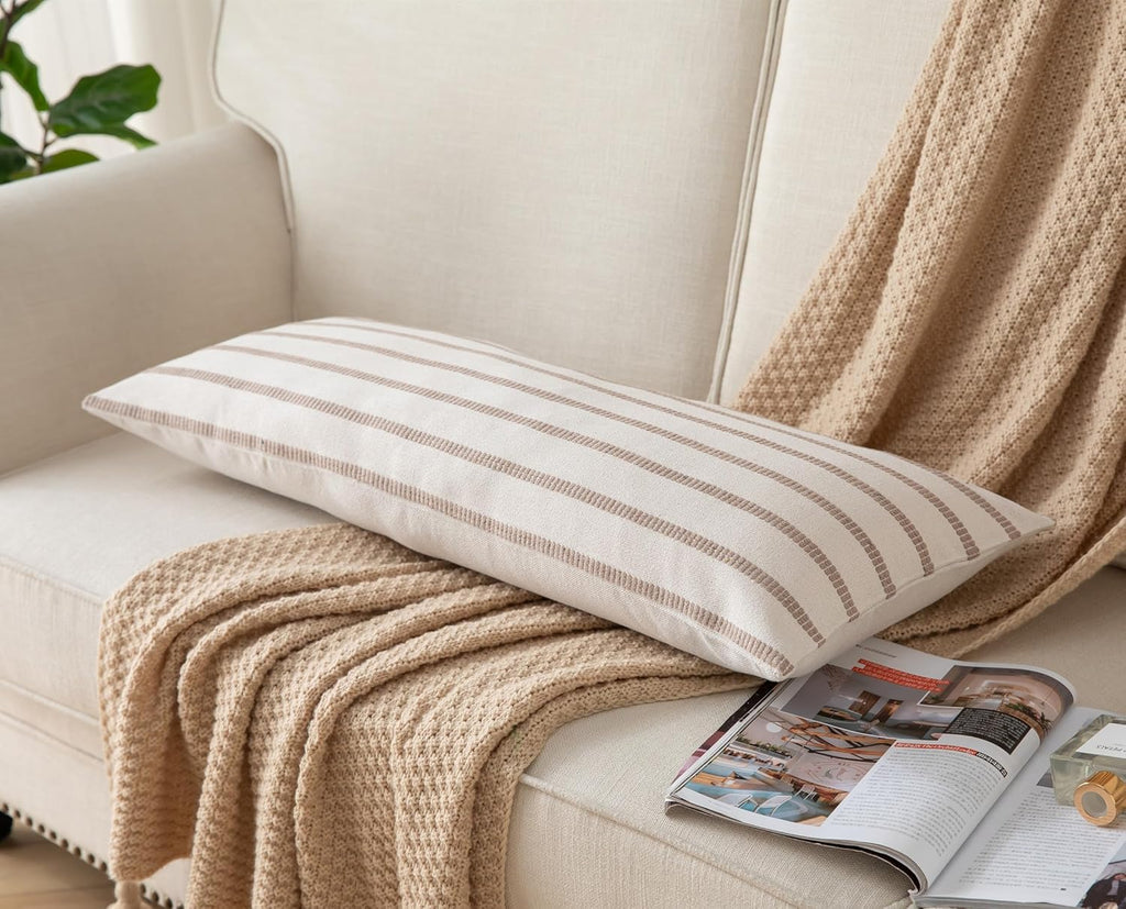 Caflife Boho Lumbar Throw Pillow Cover 14X36 Long Soft Farmhouse Decorative Couch Pillow Cases Beige Striped Body Pillow Covers Neutral Cushion Covers for Sofa Bed Living Room Home Decor Pack of 1