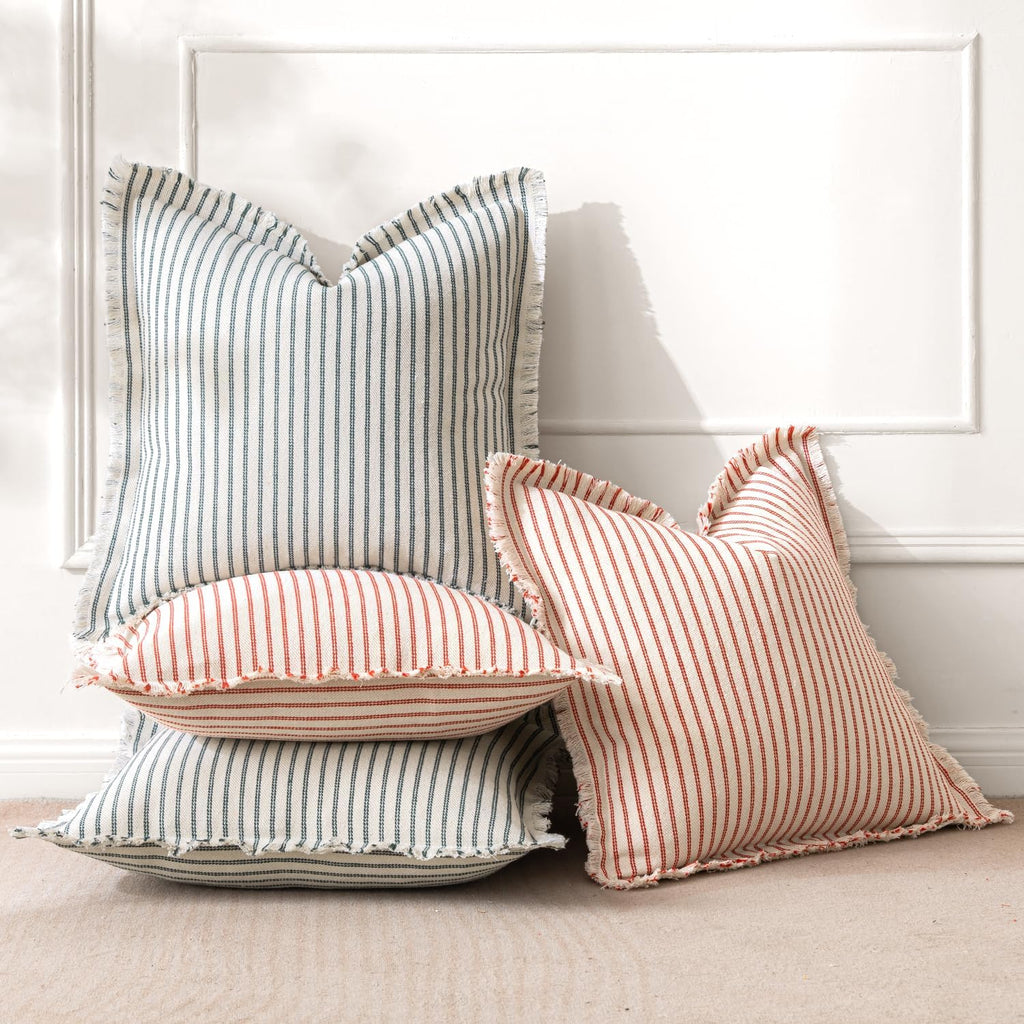 MIULEE Pack of 2 Christmas Red Pillow Covers 26x26 Inch Striped Farmhouse Couch Throw Pillow Covers with Fringe Chic Linen Decorative Cushion Eruo Sham for Sofa Living Room Bed Outdoor Home Decor