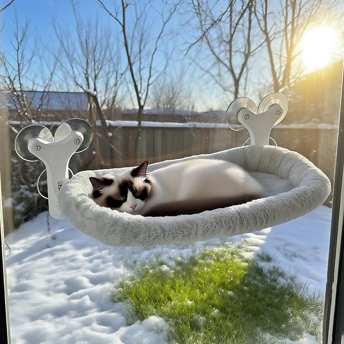 Cat Window Perch with 6 Strong Suction Cups,Mats That can be Switched Between Winter and Summer,Foldable Cordless Cat Beds Can Bear 50LBS Weight (White)
