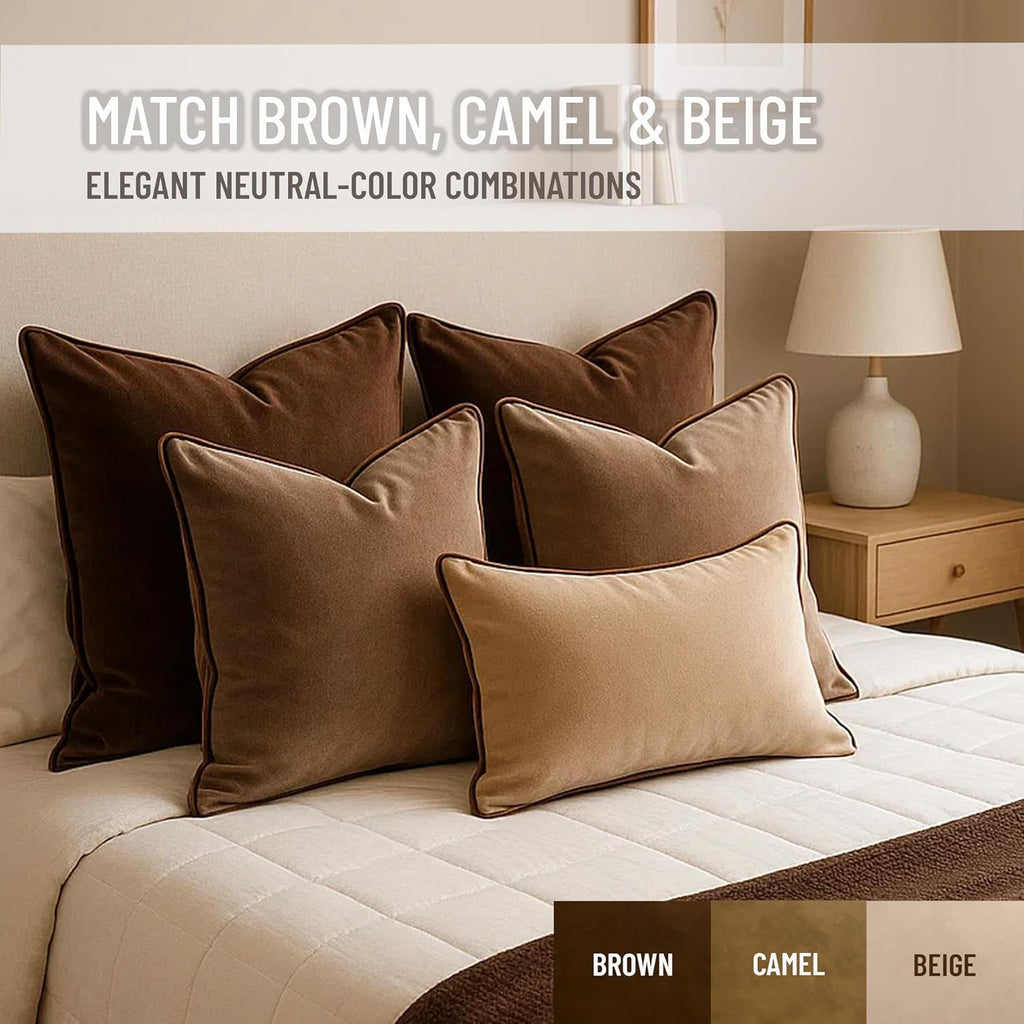 2 Pack Velvet Decorative Throw Pillow Covers, 12"x20", Brown and Camel, Solid, Modern, Contrast Piping, Indoor Use, Bedroom & Living Room