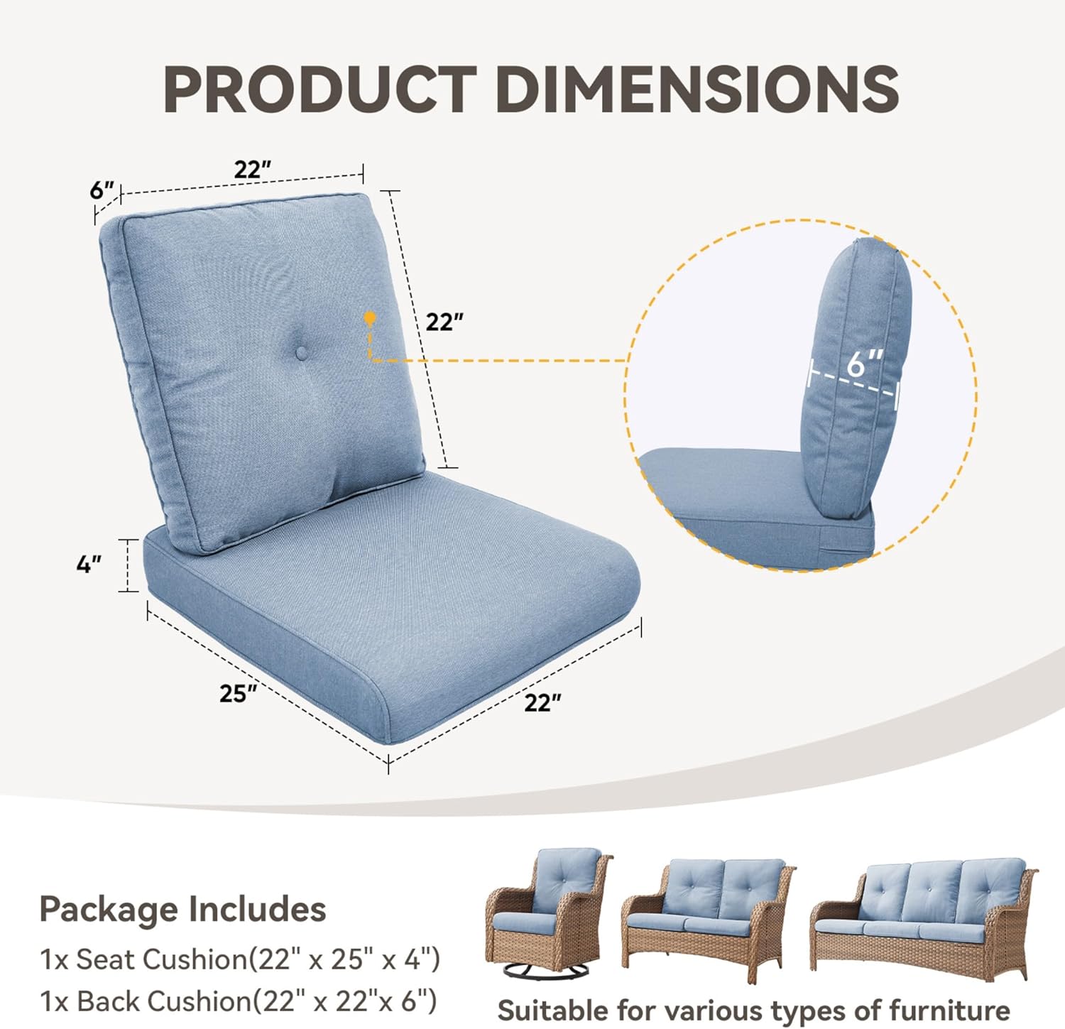 Outdoor Chair Cushions - 22" x 25" x 4" Patio Furniture Cushions with Water Resistant & Removable Cover, 28D High Density Sponge Patio Cushion for Outdoor Furniture Couch Rocker Chair, Baby Blue