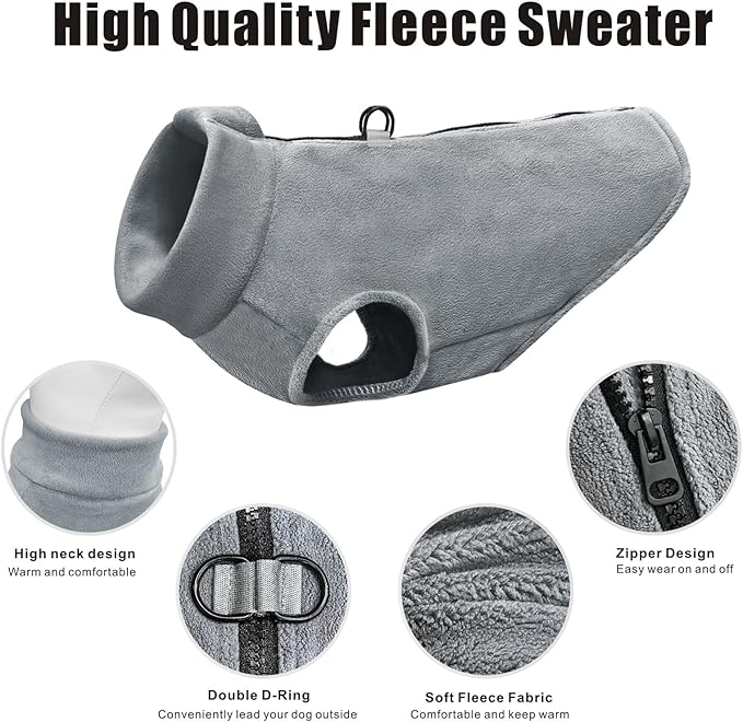 Idepet Dog Fleece Vest Sweater Zip Up Warm Pullover Dogs Jacket with D-Ring Leash Winter Cold Weater Coat Pet Sweatershirt Clothes Hoodie for Small Medium Dogs Boy Girl (Gray, XXL)