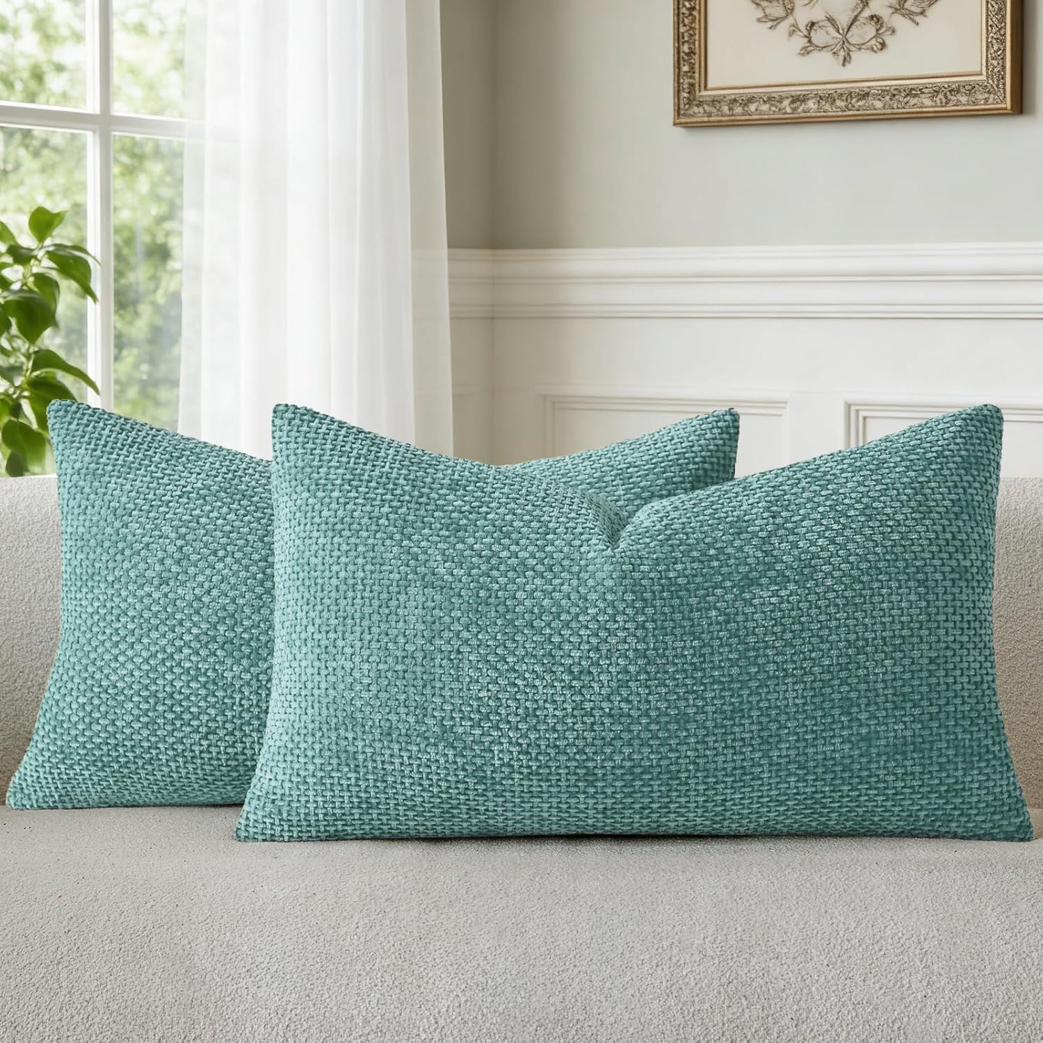 a moment Teal Chenille Throw Pillow Covers 12x20 Inch Pack of 2 Modern Decorative Throw Pillow Covers Farmhouse Cross Covers Home Decor for Sofa Bedroom Living Room
