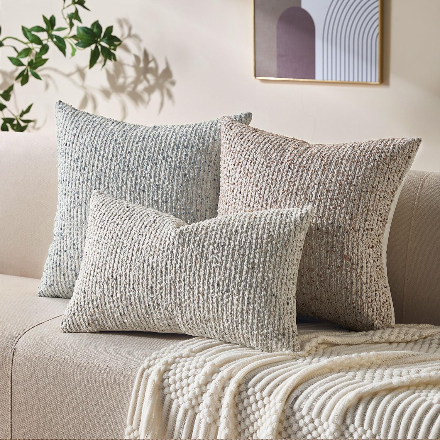 Decorative Couch Throw Pillow Covers 22x22 Cream Gray Striped Soft Wool Pillow Covers Neutral Textured Boho Cushion Covers for Modern Farmhouse Sofa Bedroom Living Room Decor SY011-B22