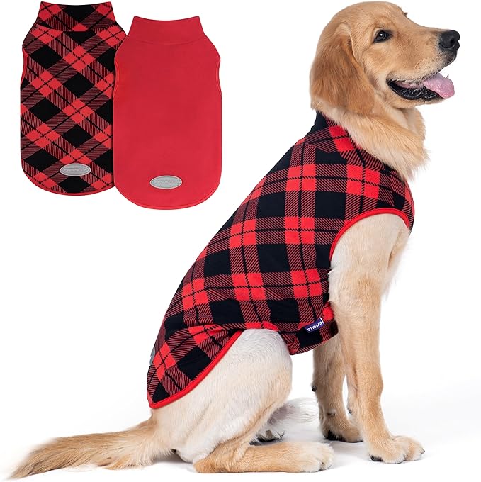cyeollo 2 Pack 2XL Dog Sweater, Warm Fleece Doggy Vest Pullover Sweatshirt Dog Jacket Reflective Stretchy Pet Clothes Cold Weather Coats for Medium to Large Dogs Boy & Girl, Red & Buffalo Plaid XXL