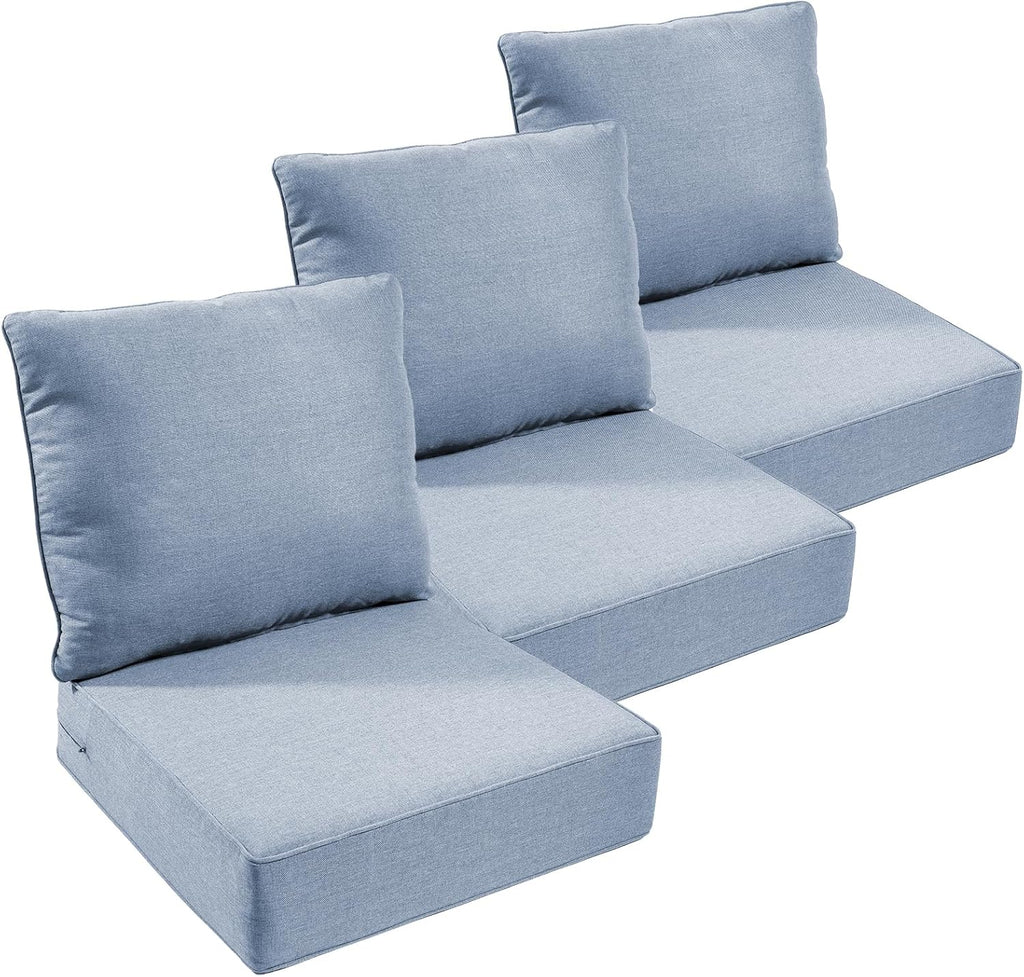 Outdoor Chair Cushions Set of 3, Waterproof 24x24 Patio Chair Cushion, 6" Thickened Seat Cushion for Outdoor Furniture, Couch Cushion Replacement, Include 3 Back & 3 Seat Cushions, Thick/BabyBlue
