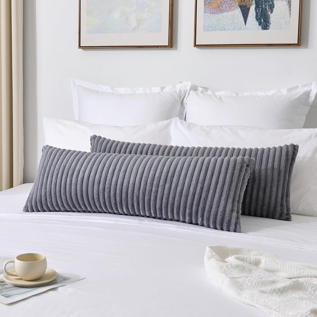 Kevin Textile Soft Plush 12x24 Inch Lumbar Pillow Cover 1 Pack, Luxury Fluffy Faux Fur Striped Flannel Rectangle Cushion Case for Couch Sofa Chair Bed Home Decor, Dark Grey