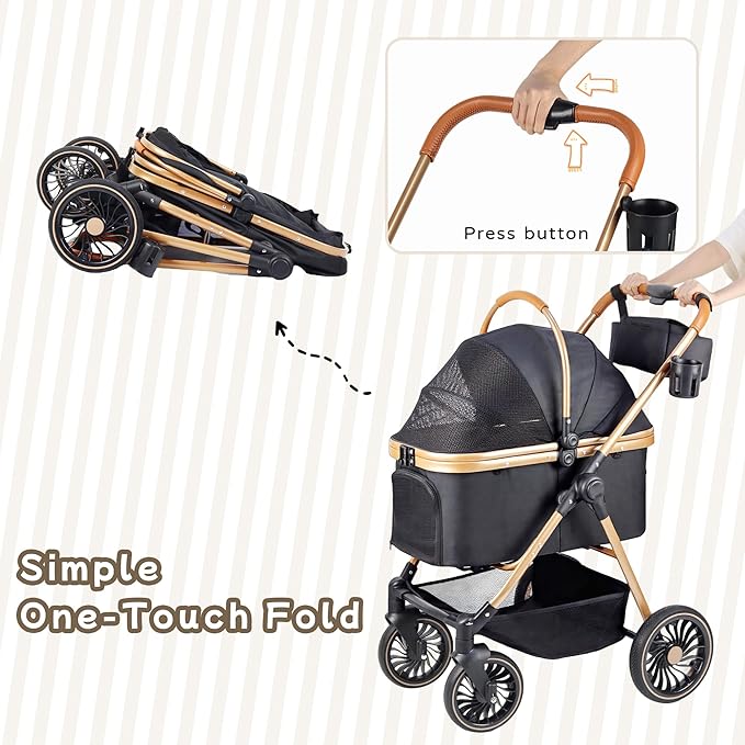 3-in-1 Pet Stroller for Small Dogs & Cats up to 33lbs, One-Touch Fold 4-Wheel Cart with Removable Carrier, Rear Brake & Storage Basket