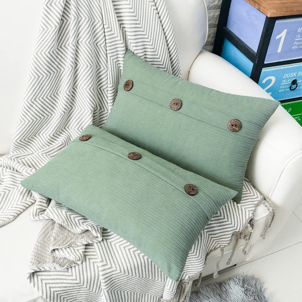 HWY 50 Sage Green Chenille Throw Pillow Covers 12x20 Inch with Triple Buttons, Soft Spring Farmhouse Accent Decorative Cushion Cases for Couch Sofa Bed Living Room Pack of 2 Rectangle