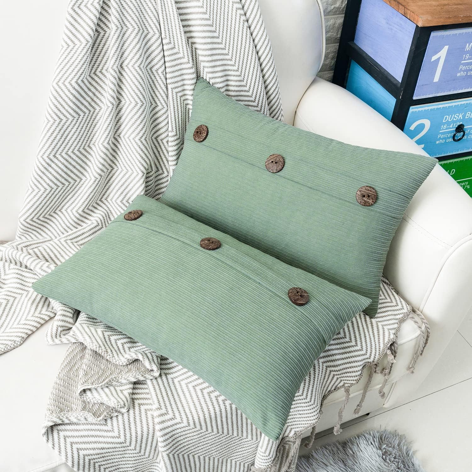 HWY 50 Sage Green Chenille Throw Pillow Covers 12x20 Inch with Triple Buttons, Soft Spring Farmhouse Accent Decorative Cushion Cases for Couch Sofa Bed Living Room Pack of 2 Rectangle